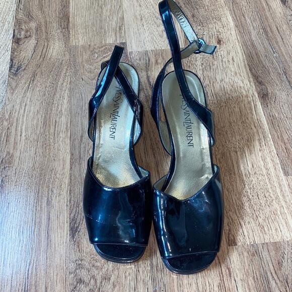 Yves St. Laurent Black Patent Leather Square Peep Toe Vintage Platforms Sz 9 - Picture 1 of 8